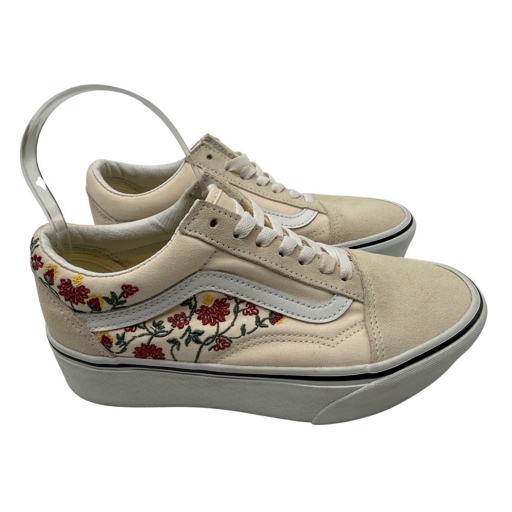 Vans Old Skool Stacked Sneakers Womens 7.5 Cream Floral Embroidery Platforms EXC